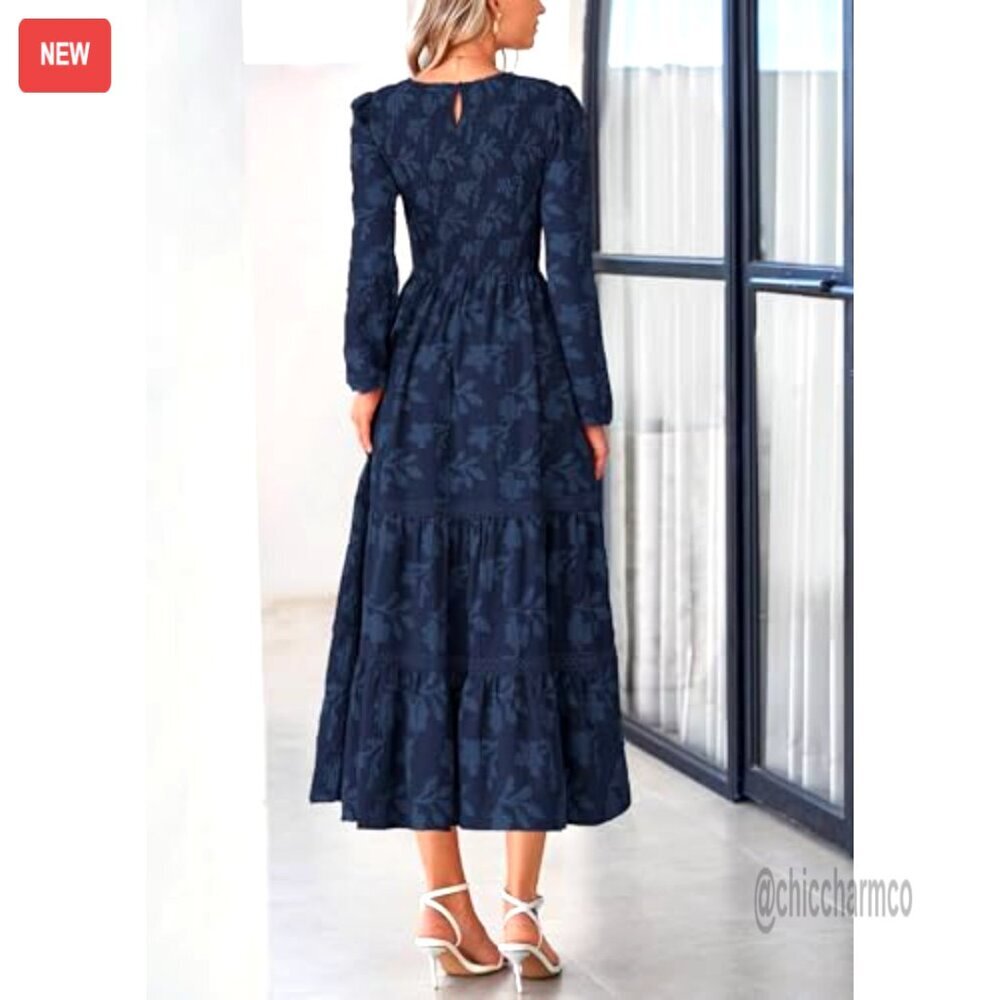 Long Sleeve Smocked Midi Dress, Floral Boho, Flowy Wedding Guest Dress - Picture 2 of 7